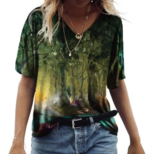Green Printed T Shirt Female Summer Half Sleeve V Neck Elegant Vintage Casual Loose Pullover Women Blouses Office Ladies T Shirt