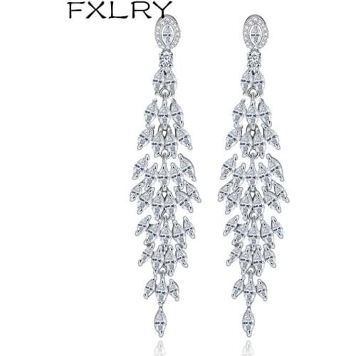 FXLRY New Design Fashion OL Personality White Color Cubic Zircon Tassel Long Earrings For Women Jewelry Free Shipping