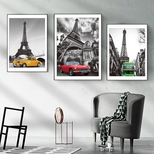City Landscape Canvas Poster Painting Paris London Tower Bus Car Prints Pictures Wall Art Living Room Bedroom Home Decorative