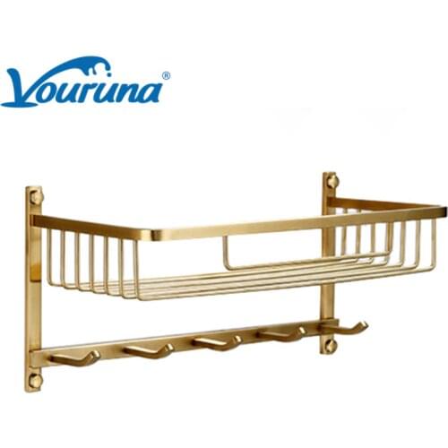 VOURUNA Luxurious Golden Solid Brass Laundry Tub And Shower Caddy Bathroom Basket Storage With Hooks