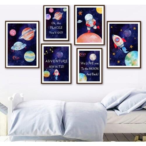 Space Astronaut Rocket Planet UFO Quotes Nursery Wall Art Print Canvas Painting Nordic Poster Wall Pictures Baby Boy Room Decor