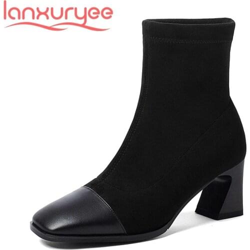 Lanxuryee new plus size square toe flock stretch boots slip on convenient winter keep warm comfortable fashion ankle boots L89