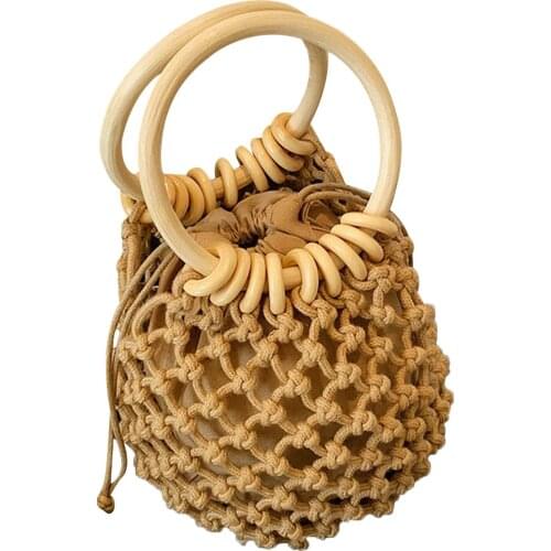 2021 Hot Products Woman Girl Fashionable Woven Handbag Beach Style Wood Handle Drawstring Bucket Bag Daily Life and Vacation