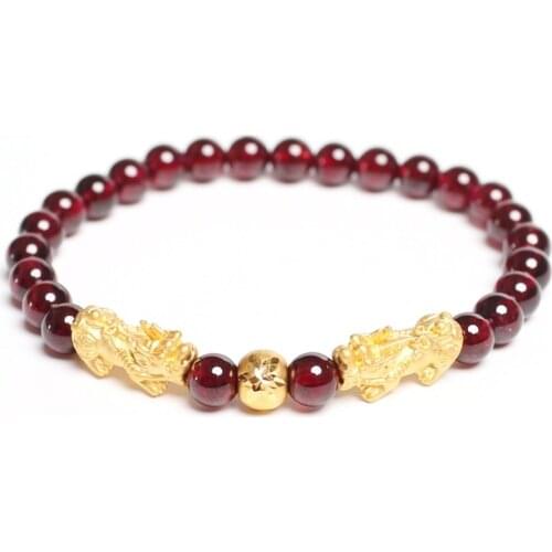 New Arrival Pure 24K Yellow Gold Red Garnet 3D Pixiu Bead Womens Bracelet
