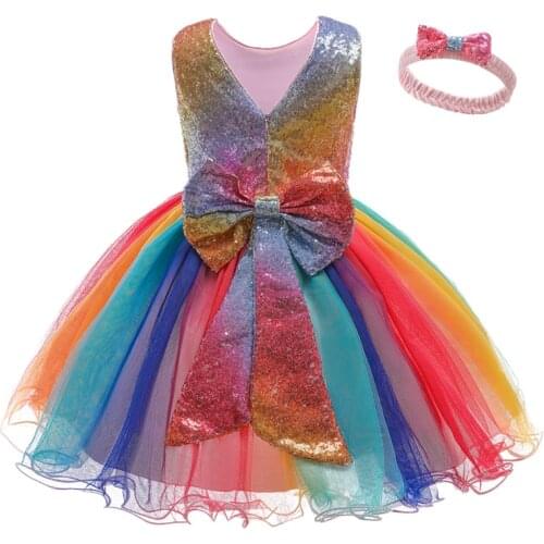 Sleeveless Girls Princess Dress Big Bowknot Sequined Party Ball Gown Dresses For Girls Summer Gradient Rainbow Color Prom Frocks