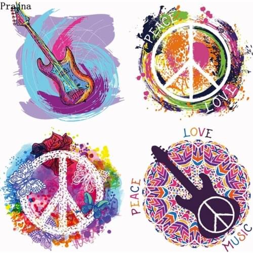 Prajna Guitar Hippie Music Rock Iron on Transfer Patches Peace And Love Vinyl Heat Transfer Patches For Clothes Thermal Stickers