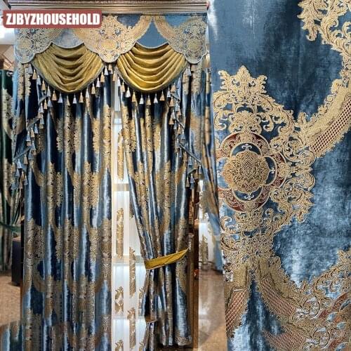 European luxury blue curtains for living room high-end chenille velvet embroidered curtains for bedroom dining room valance