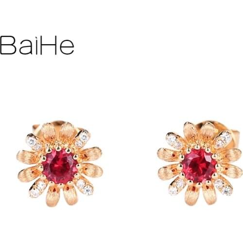 BAIHE Solid 14K Rose Gold 0.22ct Natural Rubis Cерьги 0.02ct Natural Diamonds Fine Jewelry Wedding flower Stud Earrings Women