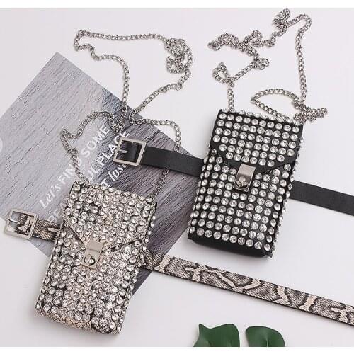 2019 Chic Bling Rhinestone Flap Women Waist Packs serpentine PU Leather Adjustable Waist Belt Phone Purse Bag Chain SHoulder Bag