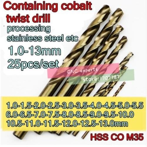 1.0-13.0mm 25pcs/set HSS CO5% M35 Containing cobalt Twist drill Processing stainless steel etc. Free shipping