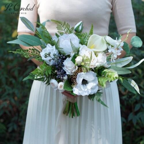 PEORCHID Gorgeous Summer Wedding Bouquets Artificial Brides Flowers Rose Green White Modern Calla Lily Bridal Bouquet Handmade