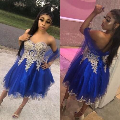 Royal Blue Sweetheart Neck Tulle Homecoming Dresses Lace-up Back Short A Line Prom Dresses With Gold Appliques Lace Beads