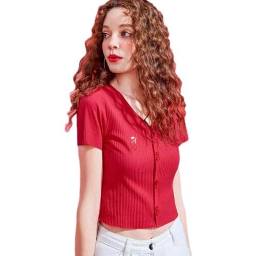 Women Short Sleeve Ribbed V-Neck T-Shirt Cute Cherry Embroidery Buttons Crop Top New 2021