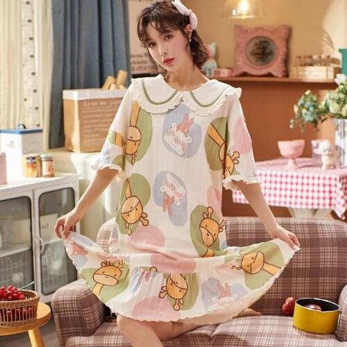 "M-4XL" Womens Homedress Knee-Length Nightdress Plus Size Nightgowns Girls Sleepwear Cotton Sleepshirts Loose Home Clothing