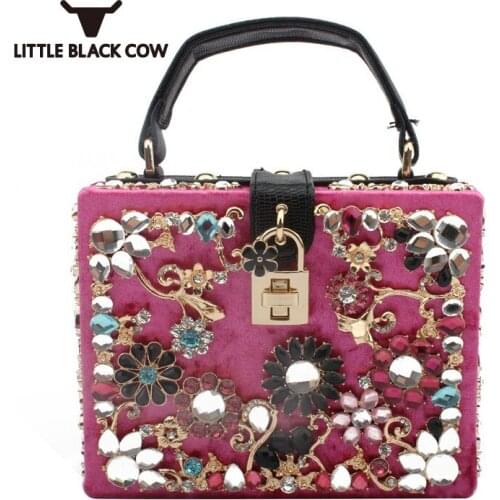 Women Appliques Diamonds New Evening Totes Bag Fashion Party Velvet Lock Handbag Ladies Night Club Beading Shoulder Bags