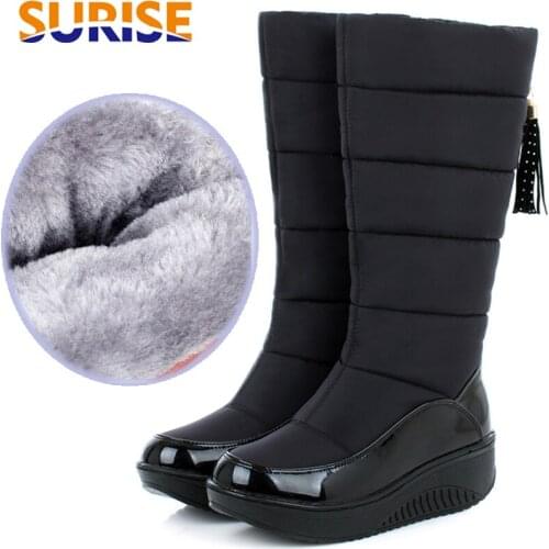 Winter Women Snow Boots Round Toe Plush Patent Leather Winter Black Brown Tassel Casual High Heel Wedge Platform Mid-calf Boots