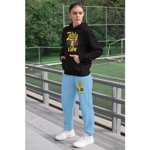 Angemiel Wear Lady Luck Füzeye Fitting Female Tracksuit Set Black Hooded Sweatshirt Blue Sweatpants