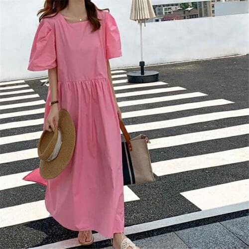 Women Summer Square Collar Dress Cotton Linen Solid Long Dress 2020 High Quality Casual Loose Dress Large Size M-7XL Black Pink