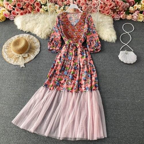 Women Fashion Ethnic V-neck Embroidered High-waist Retro Mesh Stitching Print A-line Dress Summer Clothes Vestidos De Mujer T446
