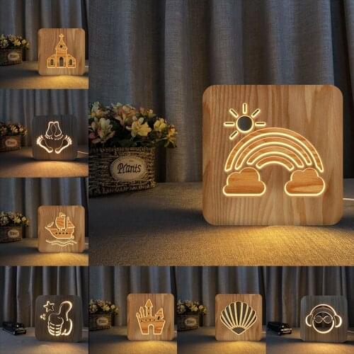 Acecorner LED USB Night Light Wooden Castle Rainbow Sailboat Cute Lamp Novelty Kid Bedroom 3D Decoration Table Lights Child Gift