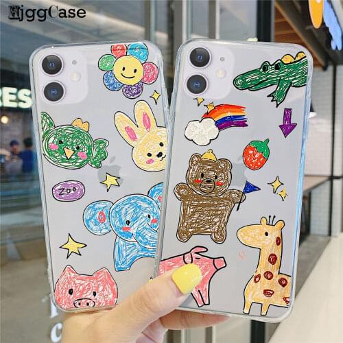 Cartoon Graffiti Animal Case For iPhone 11 12 Pro XS Max XR X 6 7 8 Plus SE Case Silicone Protective Soft TPU Back Cover