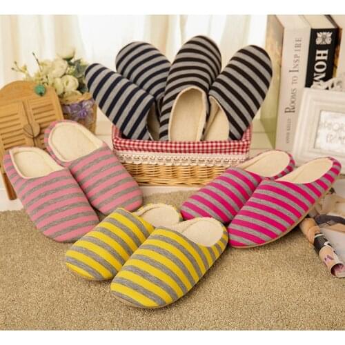 Women Men Indoor Floor Slippers Non-slips Shoes Striped Soft Bottom Home Slippers Warm Shoes