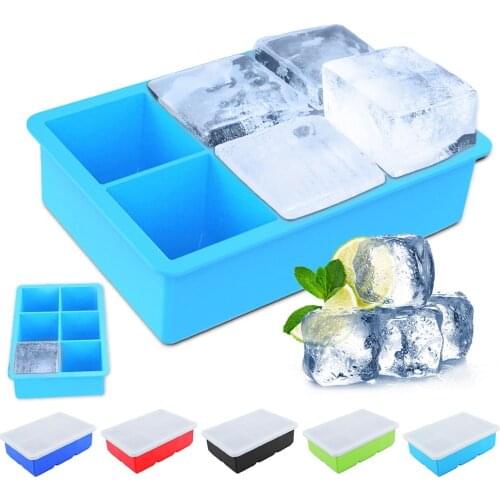 BPA Free 6 Big Ice Tray Mold Giant Jumbo Large Food Grade Silicone Ice Cube Square Tray Mold DIY Ice Maker Ice Cube Tray