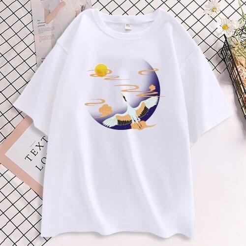 Beautiful Crane Fly To The Moon Printed Tshirt Womens Hip Hop Loose T-Shirt Fashion Big Size Clothes Soft Casual T Shirts Female