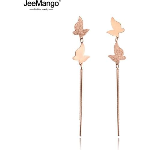 JeeMango Glossy & Matte Butterflies Tassel Earrings Asymmetrical Jewelry Stainless Steel Rose Gold Earrings Mothers Day JE18103