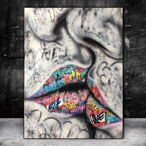 Graffiti Lover Kiss Lips Street Art Canvas Print Painting Modern Abstract Wall Picture Living Room Home Decoration Poster