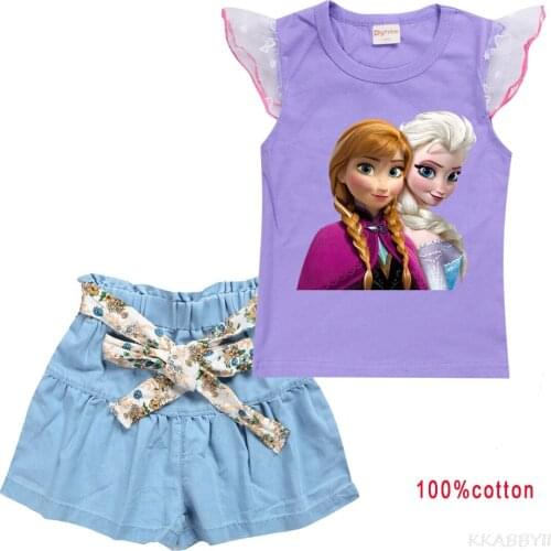 Frozen cotton short-sleeved T-shirt and vest + jean skirt set