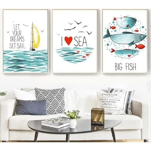 Kawaii Watercolor Fish Sailing Sea Landscape Poster Nordic Wall Art Canvas Painting Scandinavian Decor Cartoon Baby Room Decor