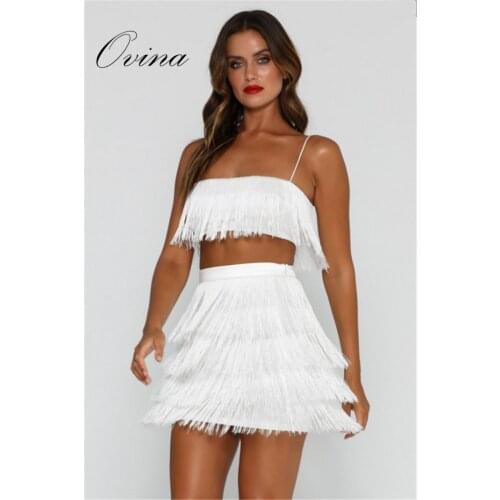 Sexy Strapy Sleeveless Mini Tassel 2 Pieces Bodycon Bandage Women Sets