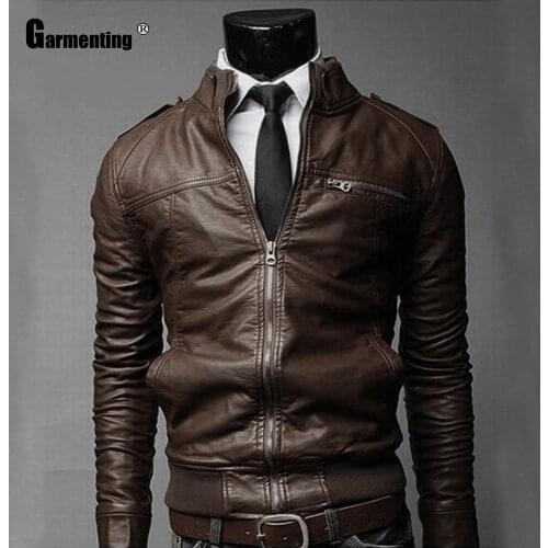 Garmenting Mens Pu Leather Jacket New Fashion Motorcycle Jackets Brown Black Faux Leather Outerwear Red Black Men Clothing 2021