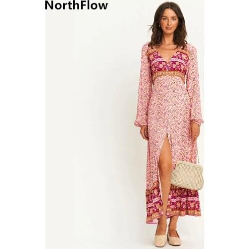 Northflow Women Summer Dress Bohemian Style Print Floral V-neck Mid-calf De Fiesta Party Dress Vestidos Robe Femme