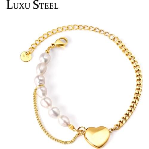 LUXUSTEEL Tennis Bracelet Stainless Steel Heart Pendants Fashion Imitaiton Pearl Chains Bracelets Bangles TrendyJewelry pulsera