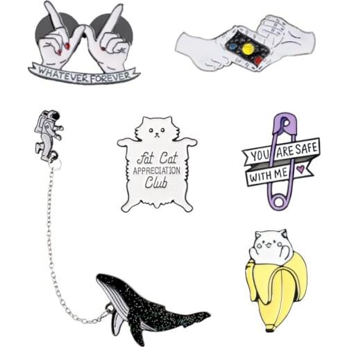 Cute enamel pin Lonely astronaut and blue whale Fat cat badges brooches Starry sky photo Lapel pin whatever forever jewelry Gift