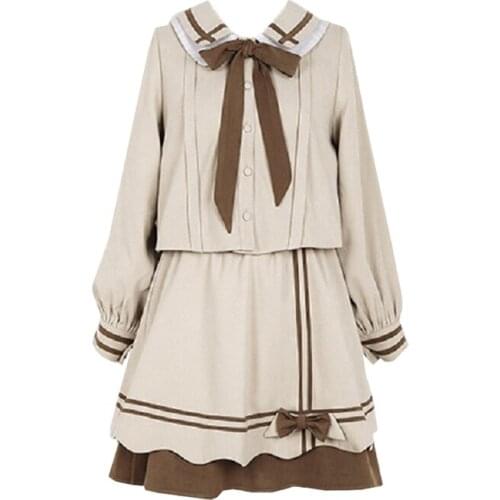 Lovely Janpanese Kawaii JK Uniform Bow Dress Suit Lolita Soft Girl College Style Baby Collar Long Sleeve Solid Dresses Female