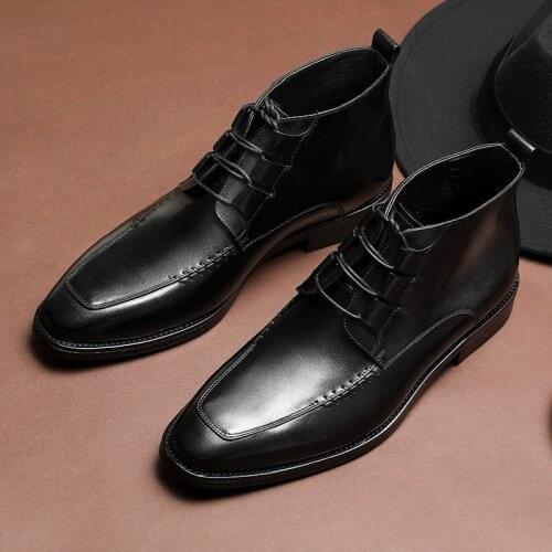 Italian Shoes Men Chelsea Boots Genuine Cow Leather Man Ankle Boots Mens Lace Up Dress Shoes Black Brown Man Basic Short Boots