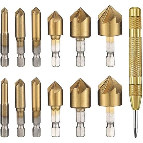 13 Pieces Countersink Drill Bit Set Counter Sinker Drill Bits 1/4 Inches Hex Shank 5 Flute Countersink Center Punch Tool