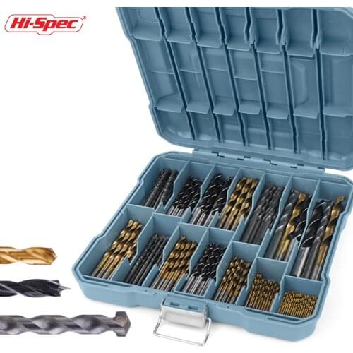 Hi-Spec 130 Mixed Drill Bit Set Box Titanium High Steel Steel Masonry Drill Bits for Hard Metal Wood Woodworker in Plastic Case