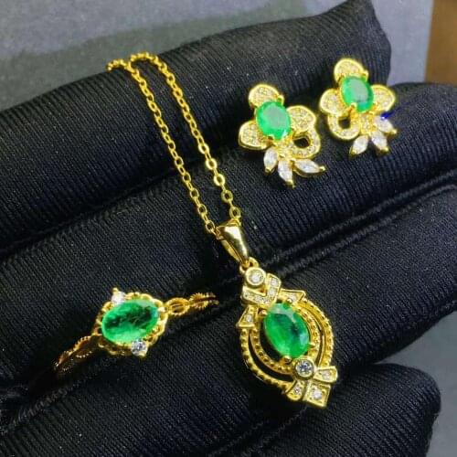 Real Natural Emerald jewelry set Natural Real Emerald 925 sterling silver 1pc pendant,1pc ring,2pcs Earring