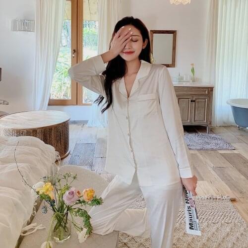 New Korea Elegant Rhinestone Button pajamas sets women satin silk noble sleepwear women sexy white long sleeve women pyjamas