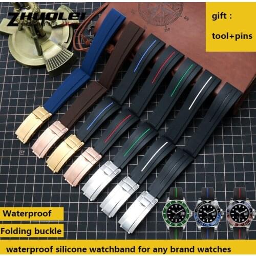 Flat End 20mm 21mm Rubber Silicone Watch Bands For any brand Watch stainless steel Folding buckle Strap Brand Watchband Sports