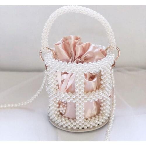 Handmade Women Pearl Bucket Bags Designer Beaded Shoulder Bags Charm White Pearls Crossbody Bag Evening Clutch Purse