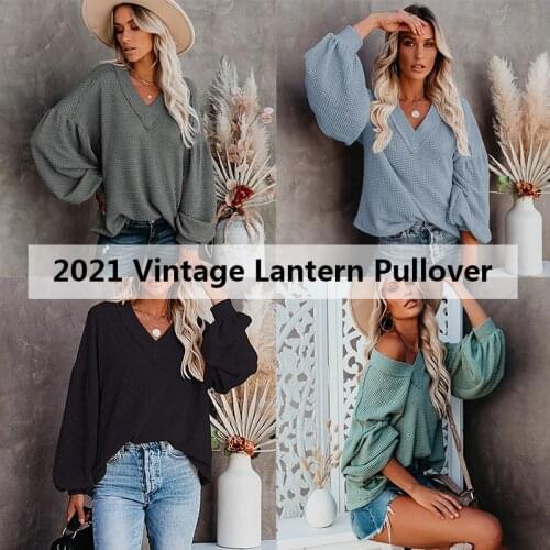 Vintage V Neck Lantern Sleeve Shirt Women Loose Casual Oversize Waffle Knit Pullover Fashion Harajuku Korean High Street Tops