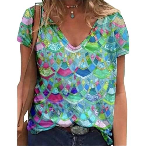 5XL Plus Size Women 3D Abstract Print T Shirt Summer 2021 New Casual Short Sleeve V-Neck Loose Tops Oversized Lady Streetwear