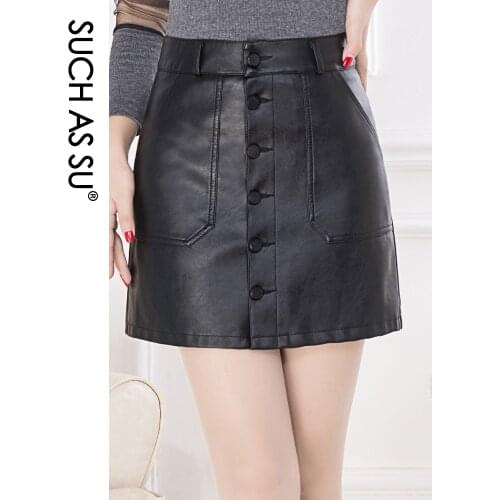 High Waist Leather Skirt 2021 New Fashion Fall Winter PU Pockets Button Mini A Line Skirts S-XXXL Plus Size Black Skirt Female