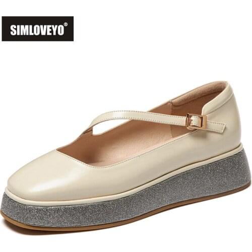 SIMLOVEYO New 2021 Women Pumps Round Toe 4cm Square Heels Genuine Leather Buckle Stylish Platform Size 39 Casual Summer B2429
