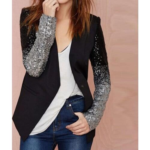 Womens Long Sleeve Blazers Jacket Bling Silver Black Sequins Elegant Coat S-4Xl Versatile Long Sleeve Fashion Personality